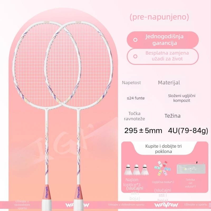 Set badminton reketa s karbonskim vlaknima, ultra lagan, 95–100 g, srednja tvrdoća, najlon strune