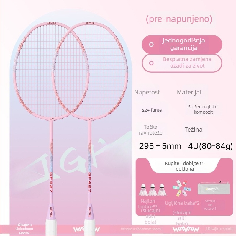 Set badminton reketa s karbonskim vlaknima, ultra lagan, 95–100 g, srednja tvrdoća, najlon strune