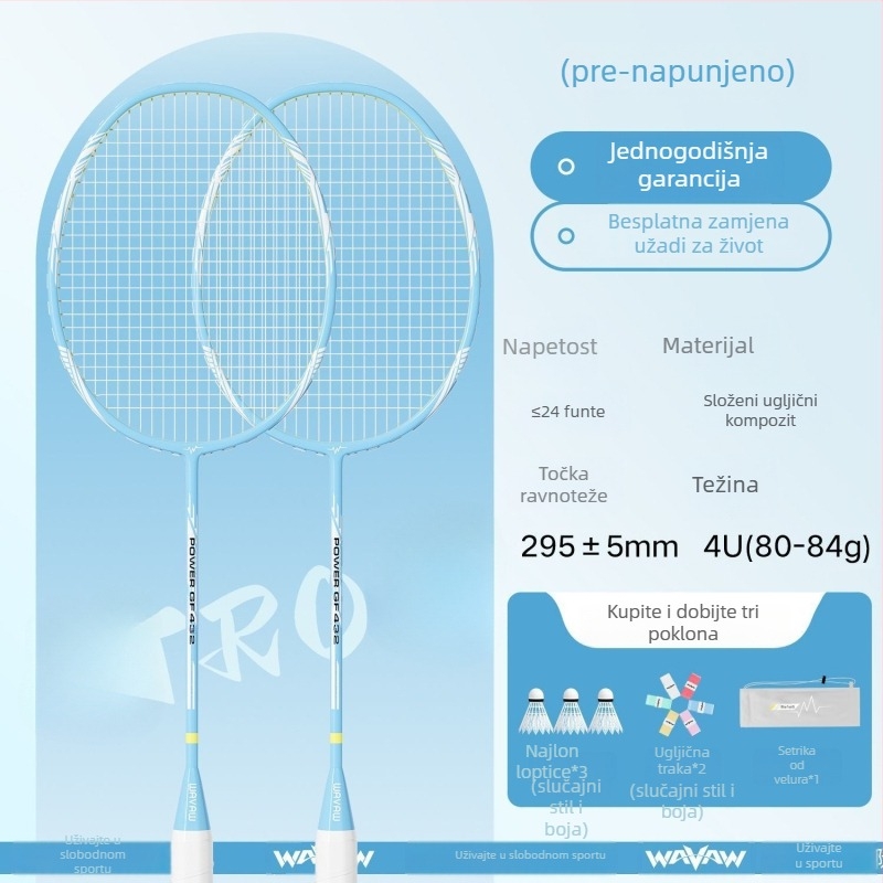 Set badminton reketa s karbonskim vlaknima, ultra lagan, 95–100 g, srednja tvrdoća, najlon strune