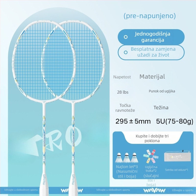 Set badminton reketa s karbonskim vlaknima, ultra lagan, 95–100 g, srednja tvrdoća, najlon strune