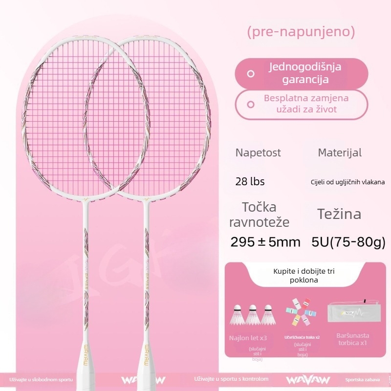 Set badminton reketa s karbonskim vlaknima, ultra lagan, 95–100 g, srednja tvrdoća, najlon strune