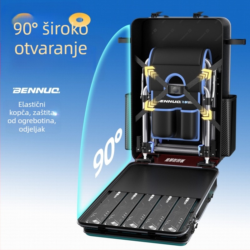 Benno ruksak za ribolov sa sjedalom – vodootporan PVC tvrdi kućište, prostor za ribolovni pribor, nosač za štapove i najlon