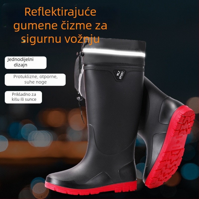 Čizme za kišu za muškarce, stil gimnazije, noćno reflektirajuće, visok cilindar, gornji dio od plastike i potplat od plastike, jednofazni potplat