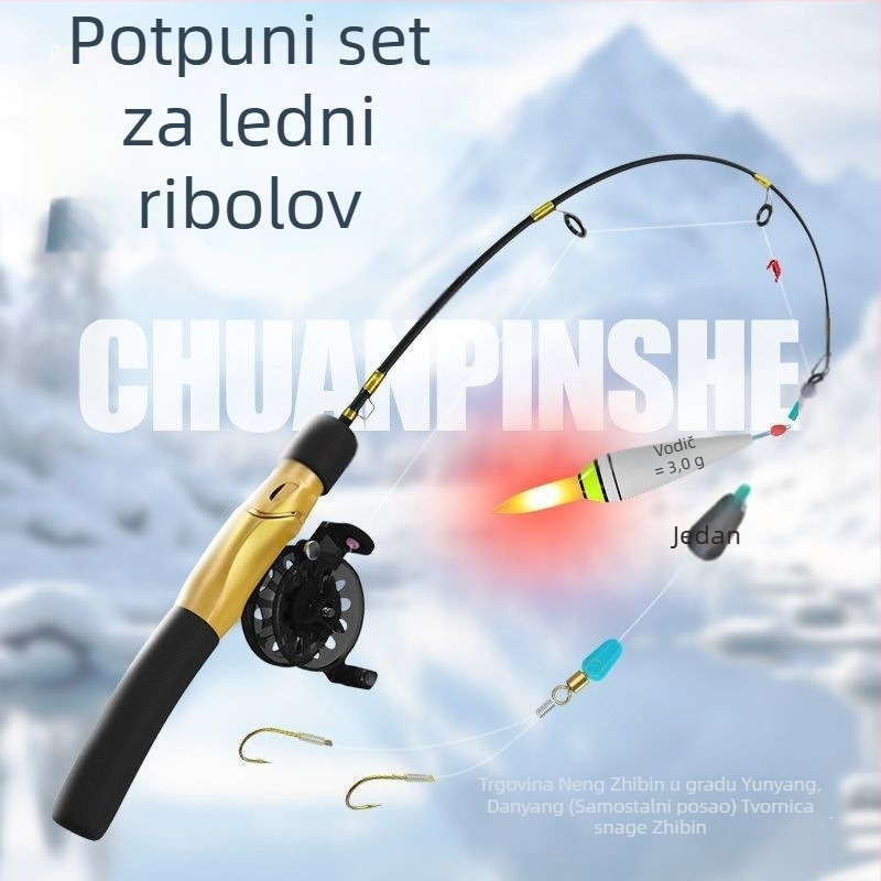 Štap za ledni ribolov, prijenosni, s unaprijed vezanom linijom i uključenom mulinom, kompletan set