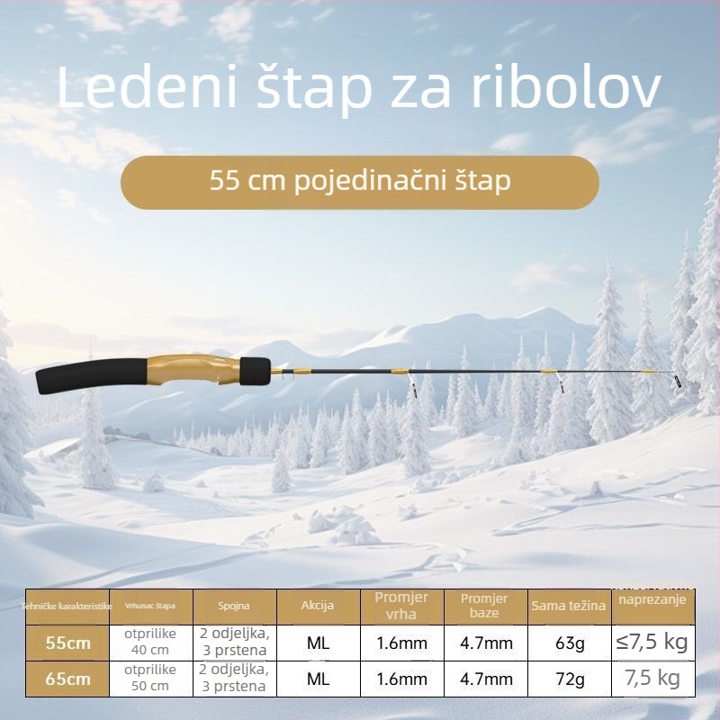Štap za ledni ribolov, prijenosni, s unaprijed vezanom linijom i uključenom mulinom, kompletan set