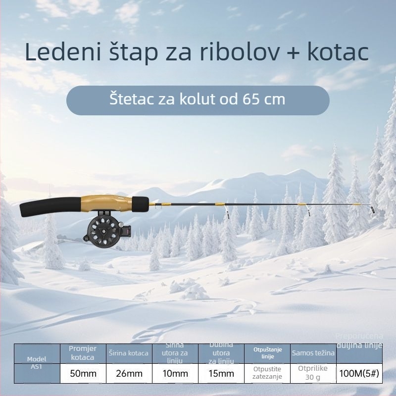 Štap za ledni ribolov, prijenosni, s unaprijed vezanom linijom i uključenom mulinom, kompletan set