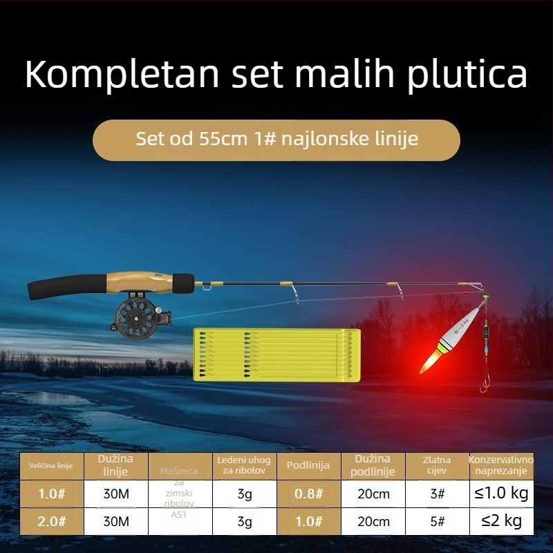 Štap za ledni ribolov, prijenosni, s unaprijed vezanom linijom i uključenom mulinom, kompletan set