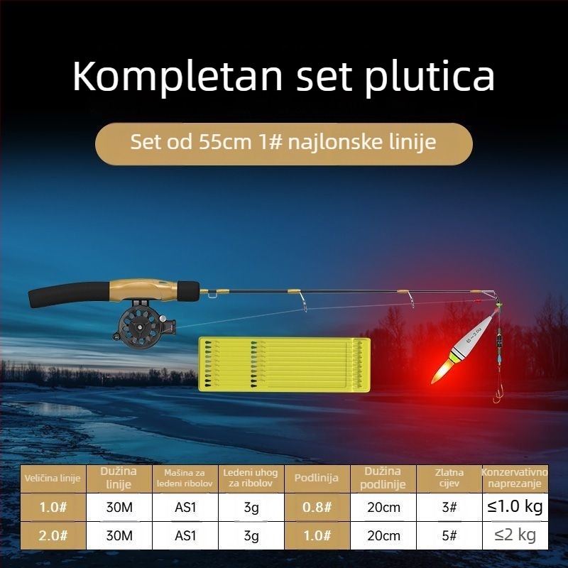 Štap za ledni ribolov, prijenosni, s unaprijed vezanom linijom i uključenom mulinom, kompletan set
