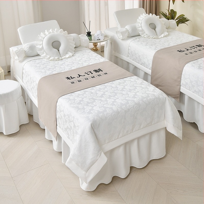 Nova četverodjelna set navlaka za kozmetičku postel, premium kremasti stil, za salone ljepote; navlaka za masažu i pranje kose