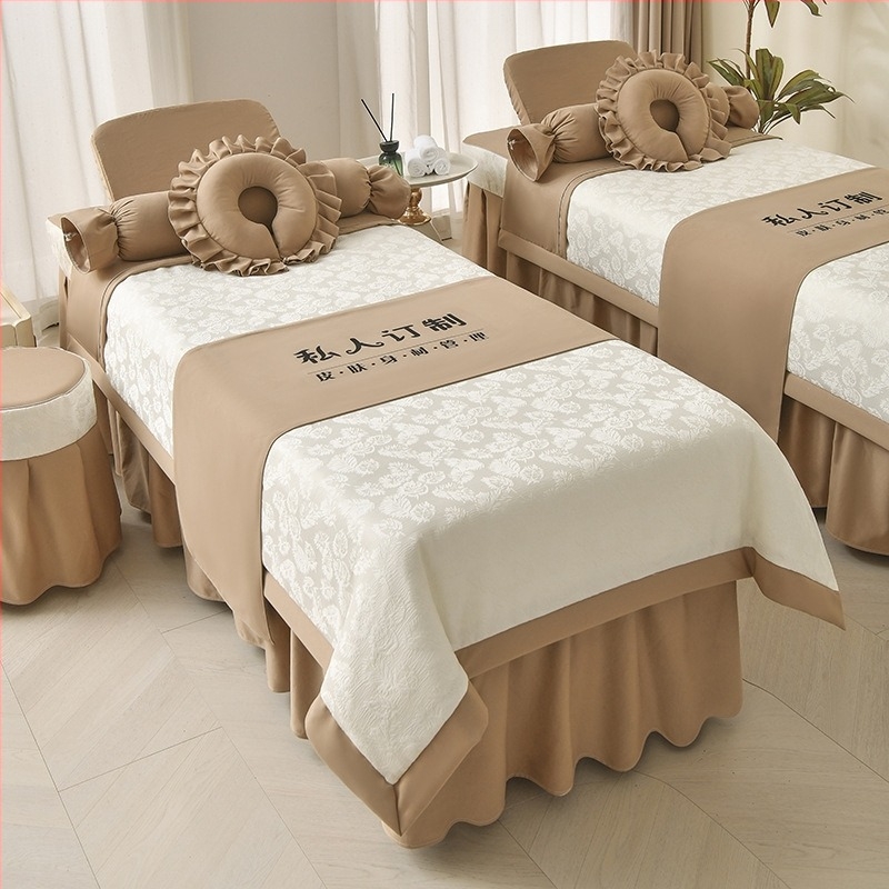 Nova četverodjelna set navlaka za kozmetičku postel, premium kremasti stil, za salone ljepote; navlaka za masažu i pranje kose