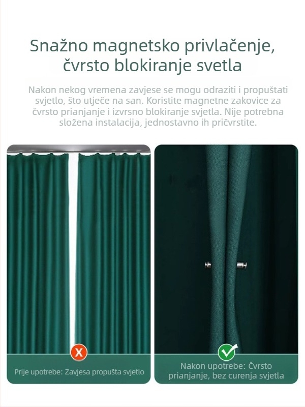 Kompaktan set zavjesa s magnetskim zatvaranjem, otporan na vjetar i propuštanje svjetla (par) s kukicama, klipom i trakom