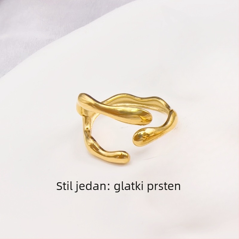 Otvoren prsten s biserom, titan čelik, valoviti dizajn, elektroplatiranje 18K zlata