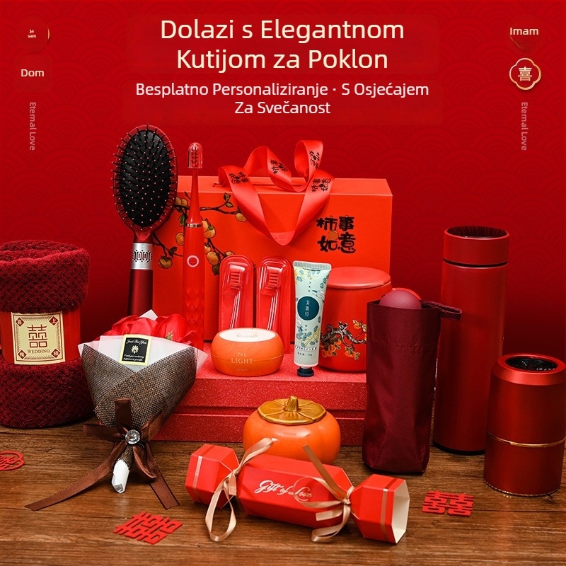 Keramička izolirana šalica i ručnik - poklon set, etnički stil, za vjenčanja i poslovne darove