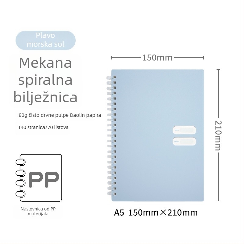 Spiralno povezana bilježnica s mekanom PP koricom, model 833, 140 stranica tekstovnog papira, 80 g/m²