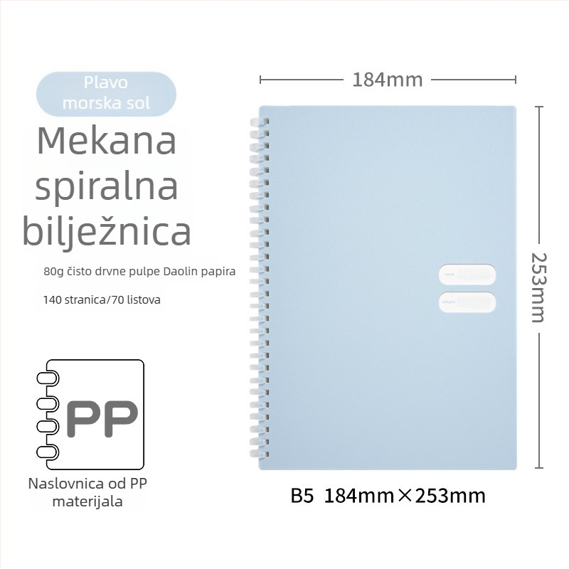 Spiralno povezana bilježnica s mekanom PP koricom, model 833, 140 stranica tekstovnog papira, 80 g/m²