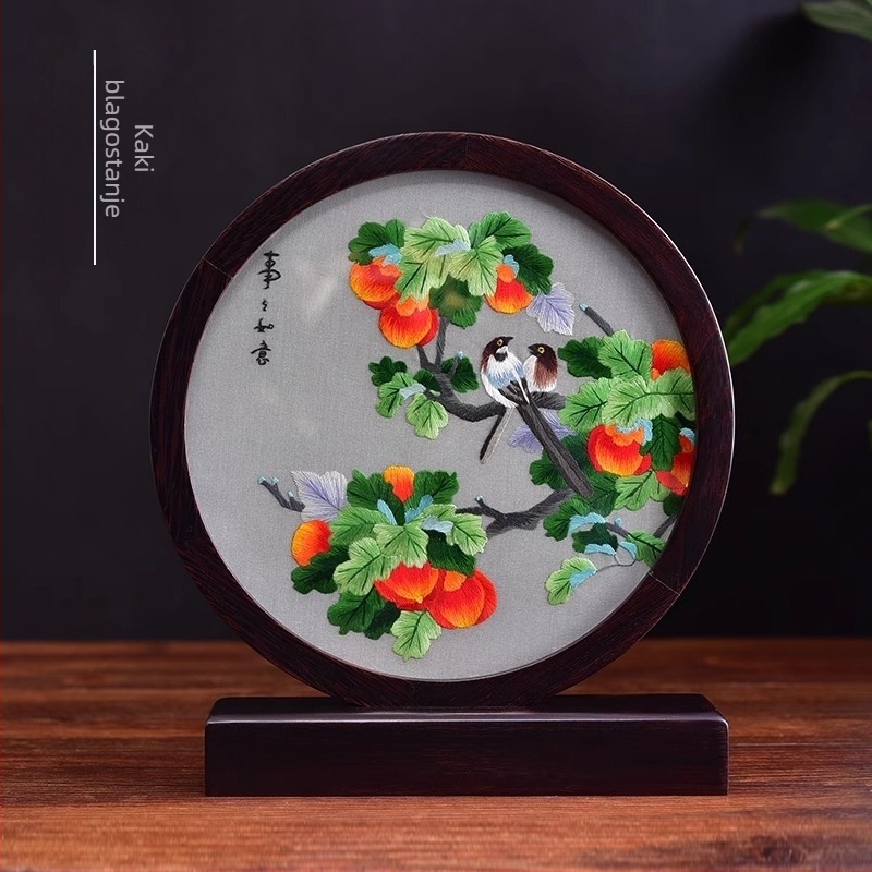 Stolni zaslon s Suzhou vezom, dvostrano ručno izrađeni drveni ukras od chicken-wingwood, moderni minimalistčki stil