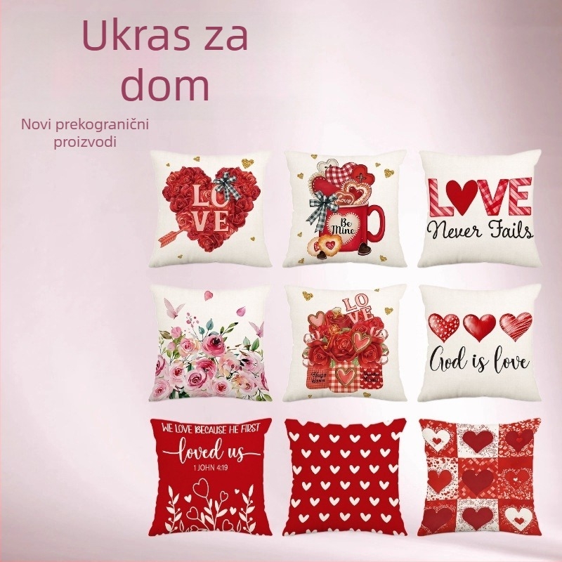 Jastučnica od lanenog platna s dizajnom srca i ruža, za dekor dnevnog boravka; mogućnost tiskanja logotipa