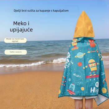 Dječji ručnik za kupanje s kapuljačom u Cape stilu, mikrovlakno, brzo upija, otisak s crtanim likovima, kopča, 240gsm