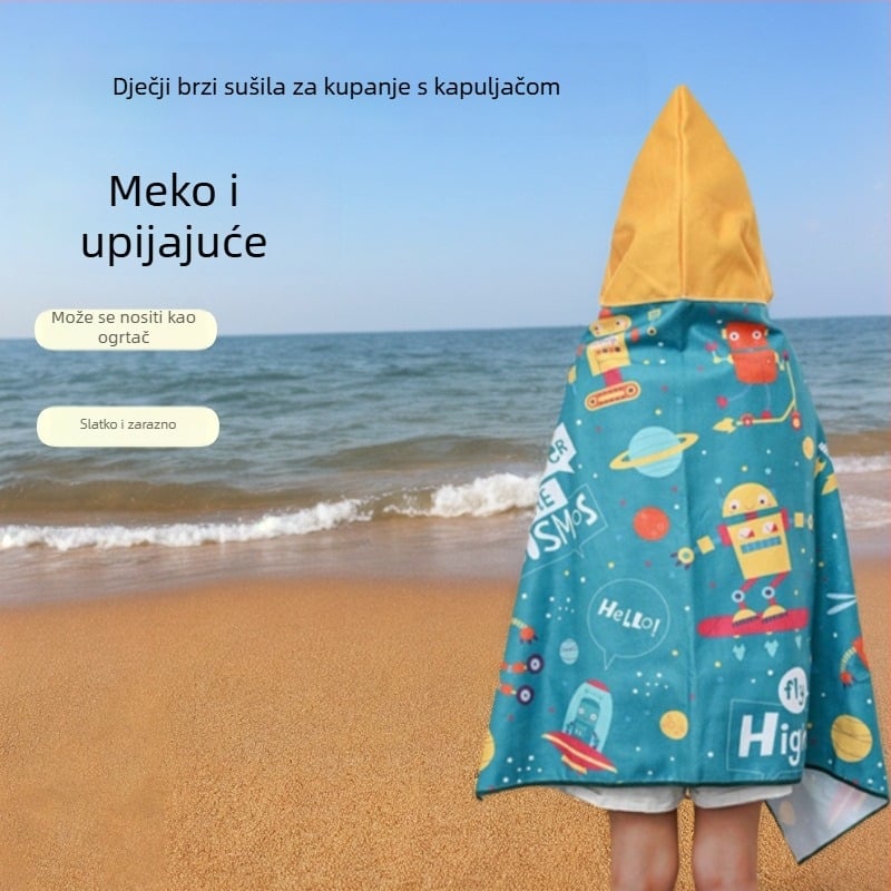Dječji ručnik za kupanje s kapuljačom u Cape stilu, mikrovlakno, brzo upija, otisak s crtanim likovima, kopča, 240gsm