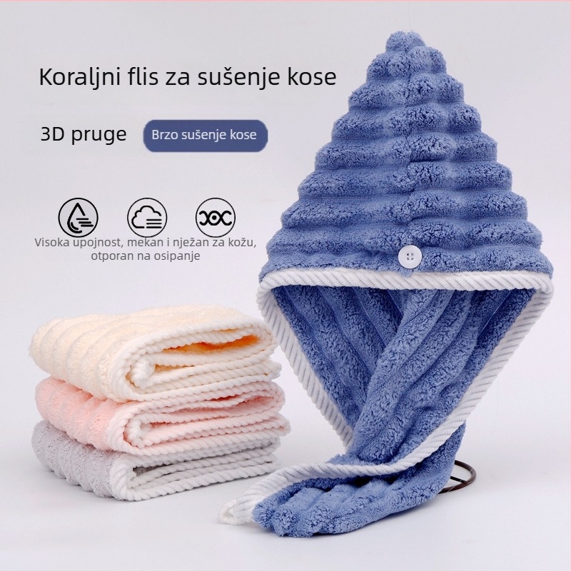 Ženska kapa za sušenje kose od koralnog pliša, debela, izuzetno upija, brzo se suši; kupaonska kapa i ručnik za kosu