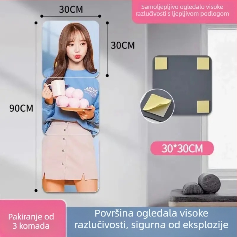 Samoljepljivo zidno ogledalo pločica, minimalističko ogledalo za spavaću sobu, geometrijski apstraktni uzorak, vodootporno i otporno na masnoće, akril, svijetlosiva, zaobljeni rubovi 2,0 mm, 1 kom.