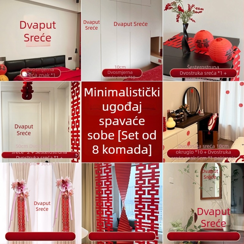 Set dekoracija za svadbenu spavaću sobu – jednostavan i elegantan zid iza naslona kreveta, platnene ukrase i naljepnice sretnih riječi