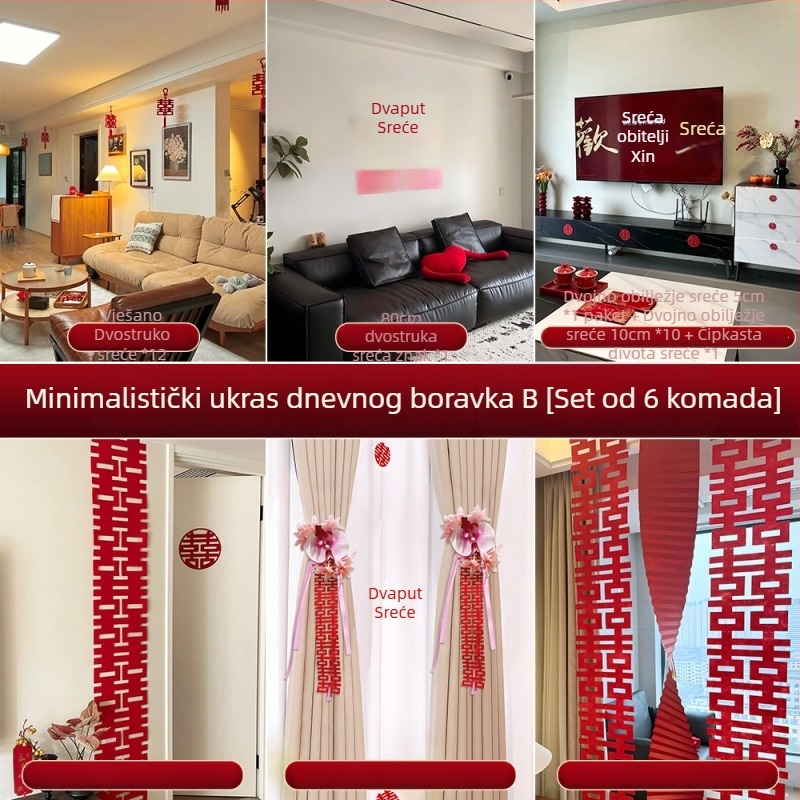 Set dekoracija za svadbenu spavaću sobu – jednostavan i elegantan zid iza naslona kreveta, platnene ukrase i naljepnice sretnih riječi