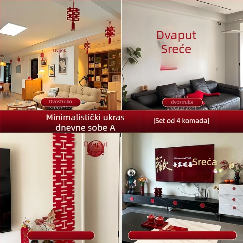 Set dekoracija za svadbenu spavaću sobu – jednostavan i elegantan zid iza naslona kreveta, platnene ukrase i naljepnice sretnih riječi