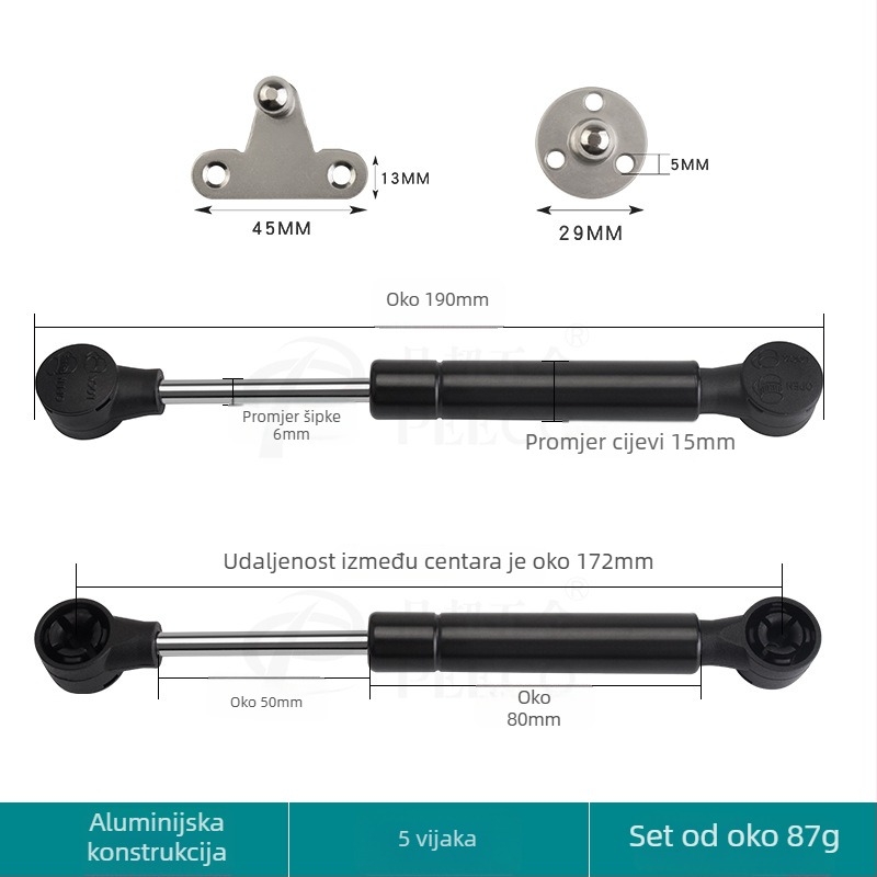 Kratka potporna šipka za vrata s aluminijskim okvirom i staklom — Materijal: hladno valjani čelik + ABS, Proizvodnja: lijevanje pod pritiskom (die casting), Moderan minimalistički stil