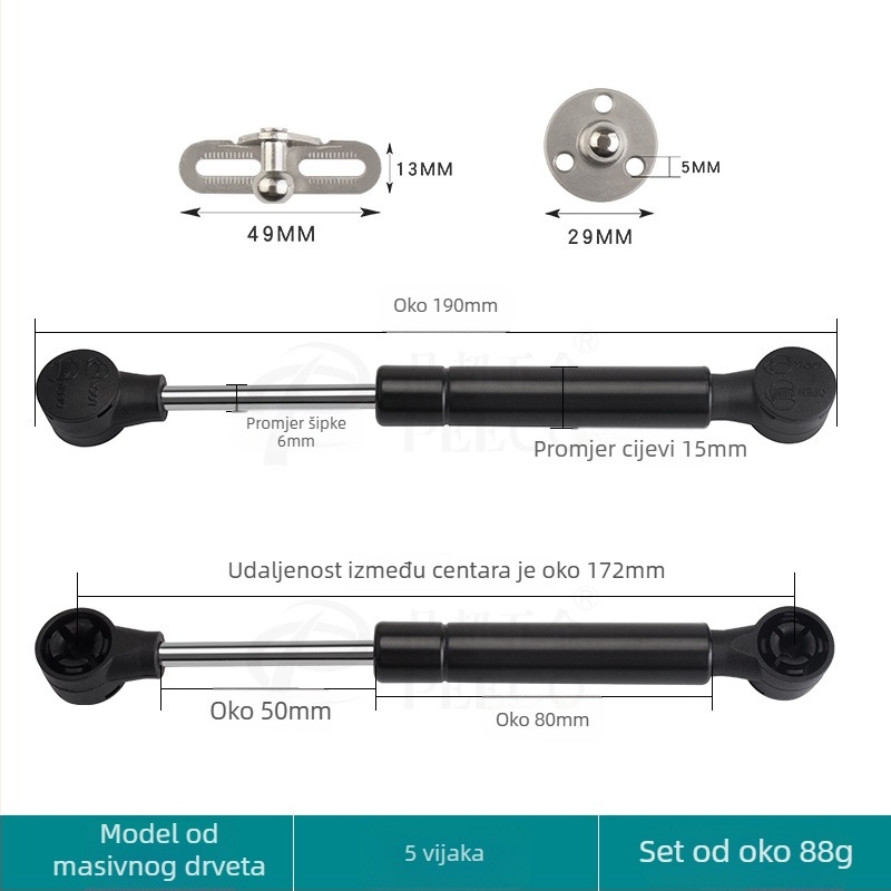 Kratka potporna šipka za vrata s aluminijskim okvirom i staklom — Materijal: hladno valjani čelik + ABS, Proizvodnja: lijevanje pod pritiskom (die casting), Moderan minimalistički stil