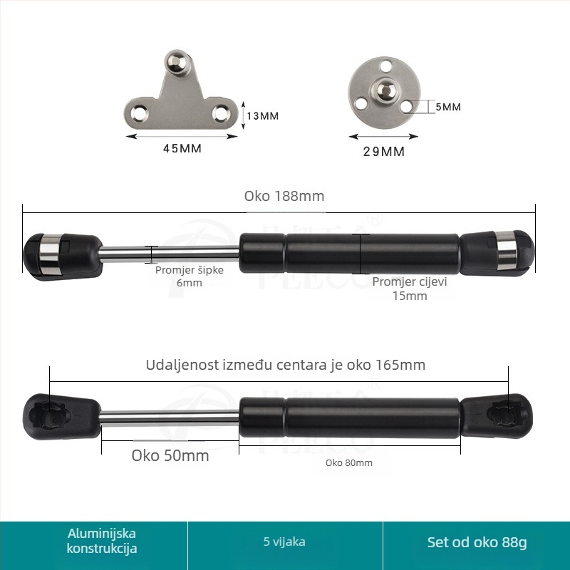 Kratka potporna šipka za vrata s aluminijskim okvirom i staklom — Materijal: hladno valjani čelik + ABS, Proizvodnja: lijevanje pod pritiskom (die casting), Moderan minimalistički stil