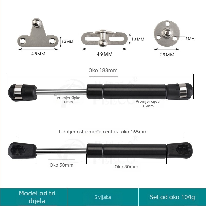 Kratka potporna šipka za vrata s aluminijskim okvirom i staklom — Materijal: hladno valjani čelik + ABS, Proizvodnja: lijevanje pod pritiskom (die casting), Moderan minimalistički stil