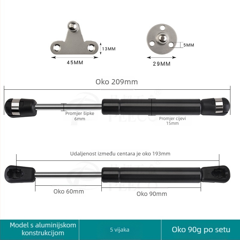 Kratka potporna šipka za vrata s aluminijskim okvirom i staklom — Materijal: hladno valjani čelik + ABS, Proizvodnja: lijevanje pod pritiskom (die casting), Moderan minimalistički stil