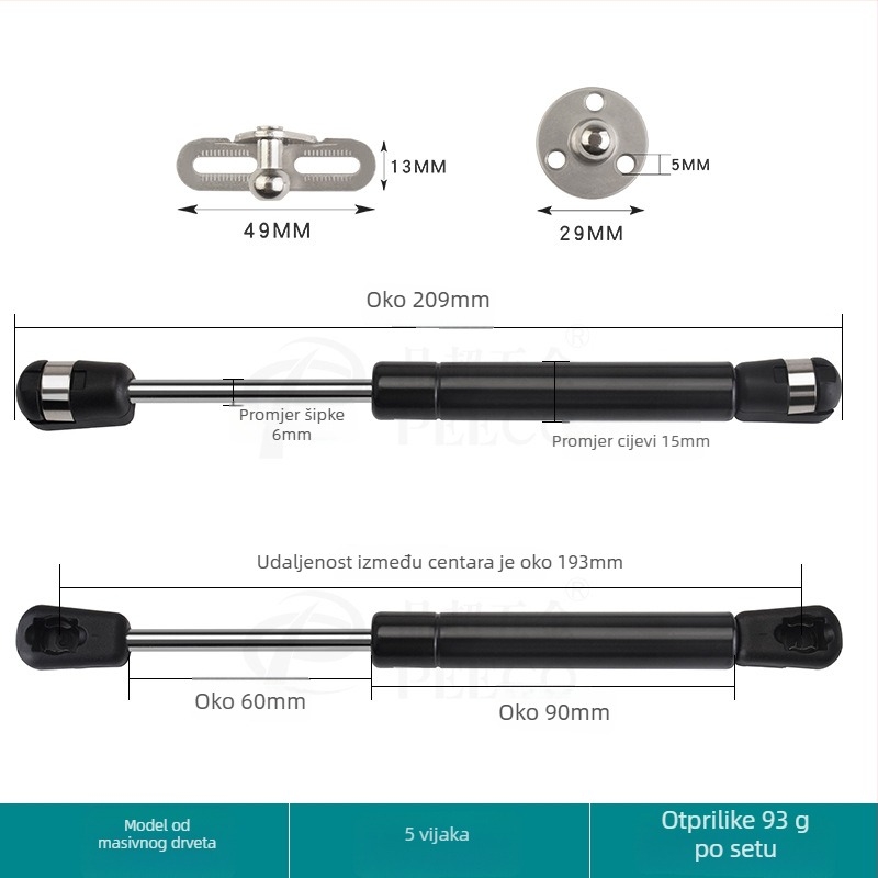 Kratka potporna šipka za vrata s aluminijskim okvirom i staklom — Materijal: hladno valjani čelik + ABS, Proizvodnja: lijevanje pod pritiskom (die casting), Moderan minimalistički stil