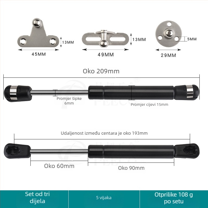 Kratka potporna šipka za vrata s aluminijskim okvirom i staklom — Materijal: hladno valjani čelik + ABS, Proizvodnja: lijevanje pod pritiskom (die casting), Moderan minimalistički stil