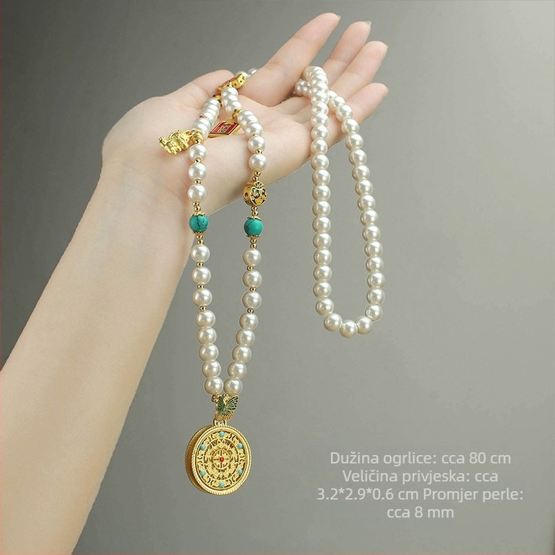 Ogrlica s ručno izrađenim bisernim lancem i privjeskom kompas od legure bakra, unisex dizajn