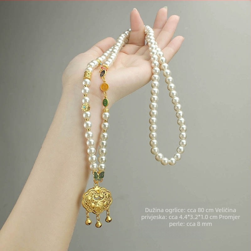 Ogrlica s ručno izrađenim bisernim lancem i privjeskom kompas od legure bakra, unisex dizajn