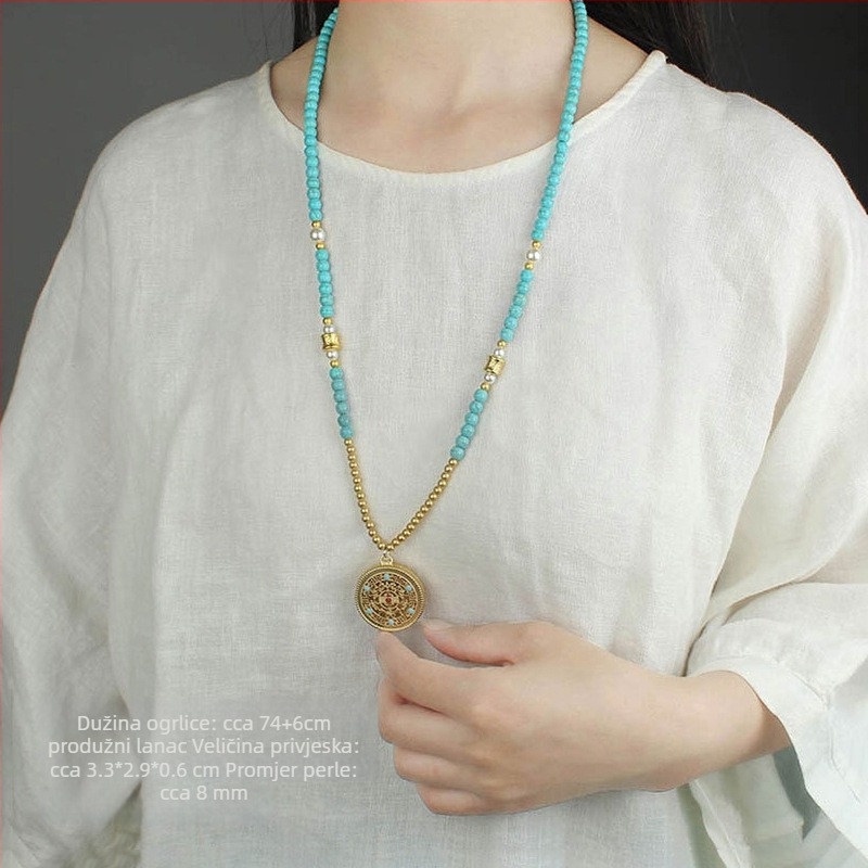 Ogrlica s ručno izrađenim bisernim lancem i privjeskom kompas od legure bakra, unisex dizajn