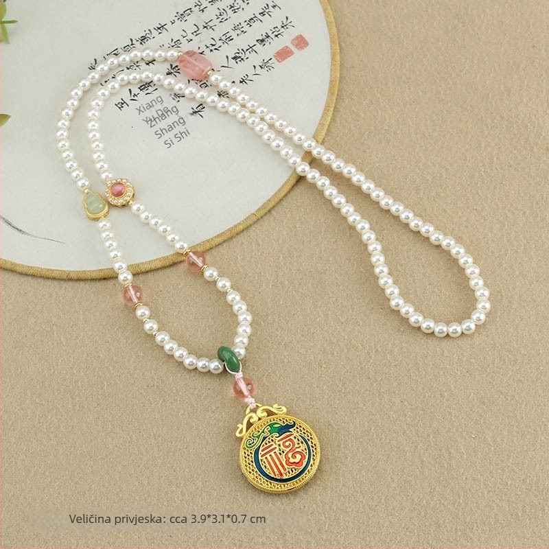 Ogrlica s ručno izrađenim bisernim lancem i privjeskom kompas od legure bakra, unisex dizajn