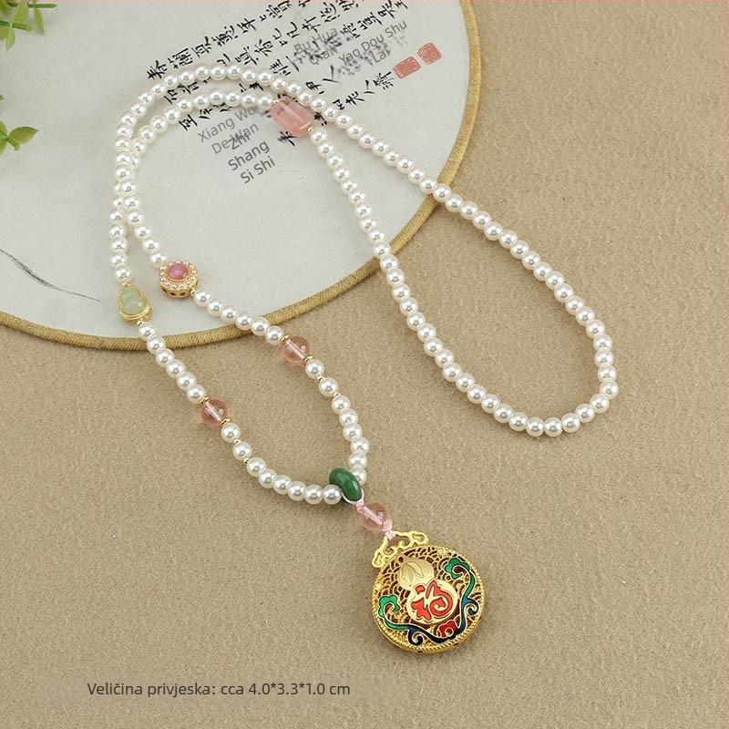 Ogrlica s ručno izrađenim bisernim lancem i privjeskom kompas od legure bakra, unisex dizajn