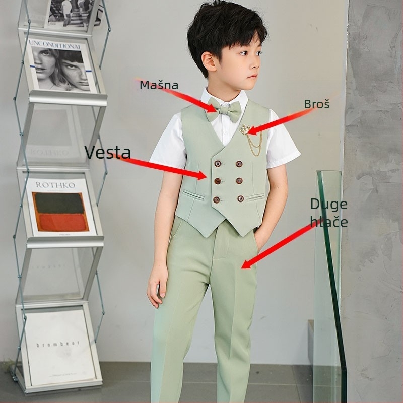 Dječji set odijela s sakoom – stil Engleska; poliester 80%; za djecu iznad 8 godina; ljeto 2024 (Poliester 80%, stil Engleska, 8+, ljeto 2024)