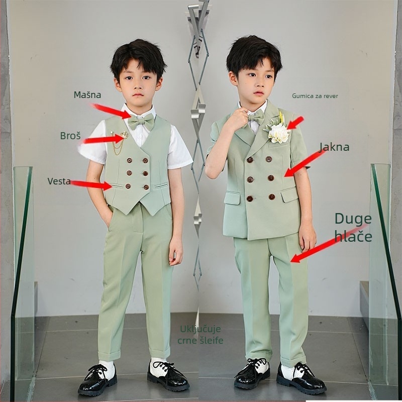 Dječji set odijela s sakoom – stil Engleska; poliester 80%; za djecu iznad 8 godina; ljeto 2024 (Poliester 80%, stil Engleska, 8+, ljeto 2024)