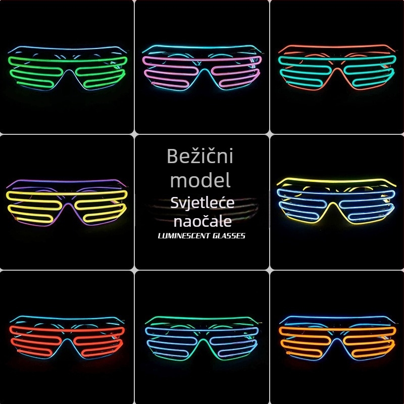 Bežične svijetleće naočale – rekviziti za zabave; Materijal: plastika; Napajanje: 2x1.5V AAA ili 2x7 baterija ( baterije nisu uključene); Otisak logotipa: moguć; Izrada: polu-manualna i polu-mehanička
