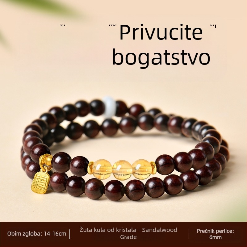 Narukvica od ružinog drveta s dvostrukim krugom, ručno izrađena, unisex, 54 perle