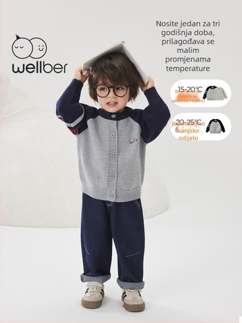 Dječji pleteni kardigan s dugim rukavima i okruglim izrezom od pamuka za jesen i zimu