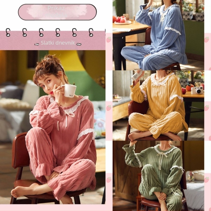 Flanelni pidžama set – sladak stil, okrugli izrez, dugi rukavi, hlače, poliester 95–100%