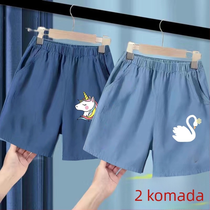Dječje ljetne džins šorcice s ice silk, poliester 91–95%, srednji pojas s elastičnom, crtani uzorak, za uzrast 3–8 godina, ljeto 2025