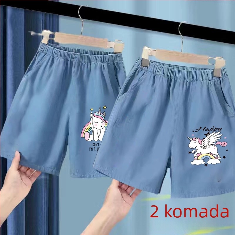 Dječje ljetne džins šorcice s ice silk, poliester 91–95%, srednji pojas s elastičnom, crtani uzorak, za uzrast 3–8 godina, ljeto 2025