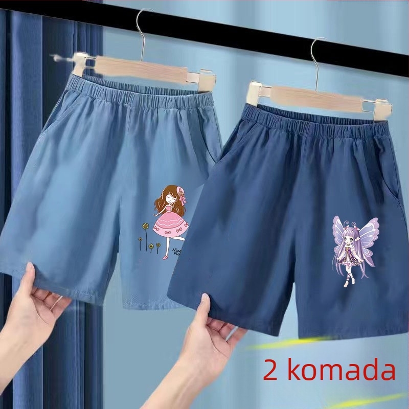 Dječje ljetne džins šorcice s ice silk, poliester 91–95%, srednji pojas s elastičnom, crtani uzorak, za uzrast 3–8 godina, ljeto 2025