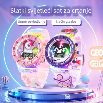 Elektronički dječji sat sa svjetlom i glazbom, crtani dizajn; pokret: elektronički; vodootpornost: Ne; kućište: plastika; remen: plastika; ogledalo: plastika